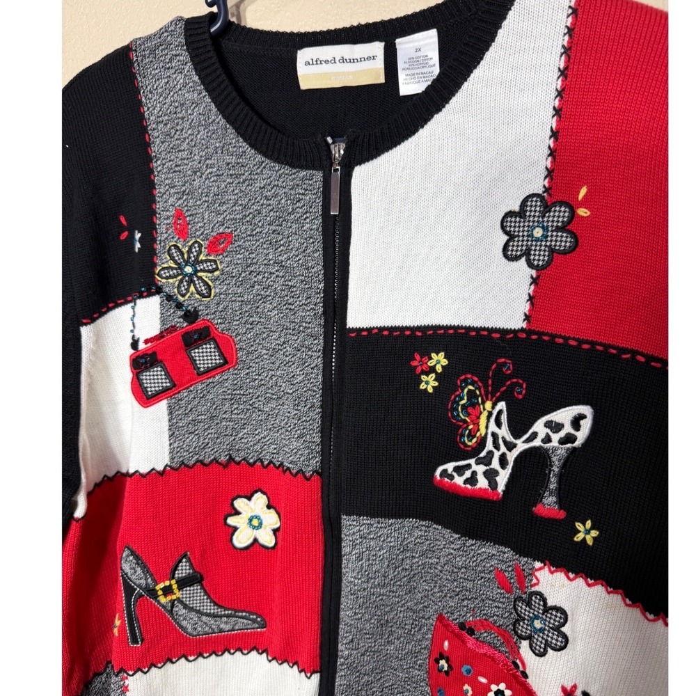 Alfred Dunner Womens 2X Patchwork Zip Front Cardigan Sweater Heels Handbags NWT - Picture 3 of 9